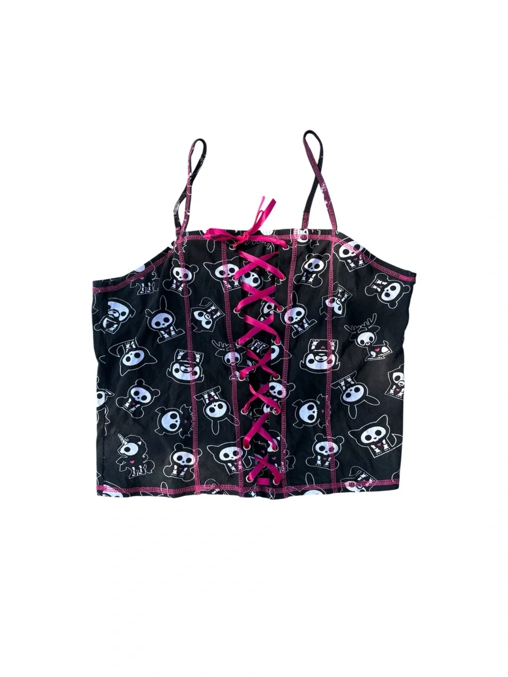 Black Skelanimals Skull Print Lace-Up Corset Tank Top